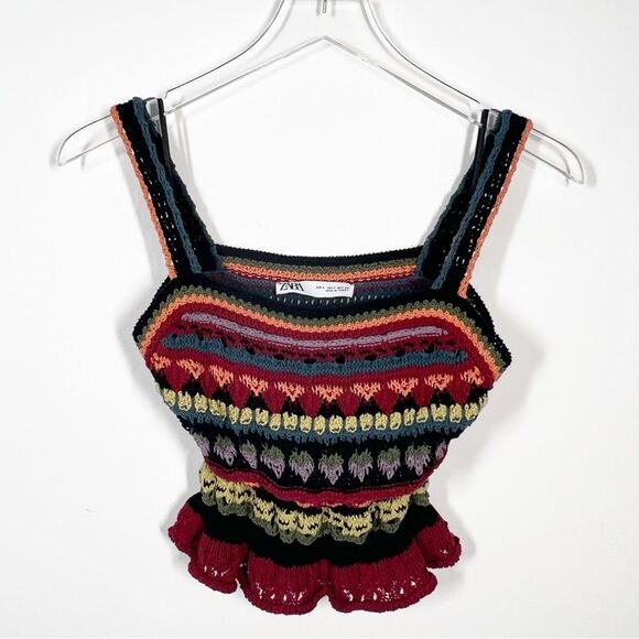 Zara Women’s Size Small Multicolor Striped Crochet Knit Ruffle Bottom Tank Top - Picture 6 of 11